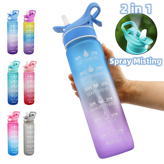 1000ml Sports Water Bottle with Straw - Time Marker & Spray 31cm